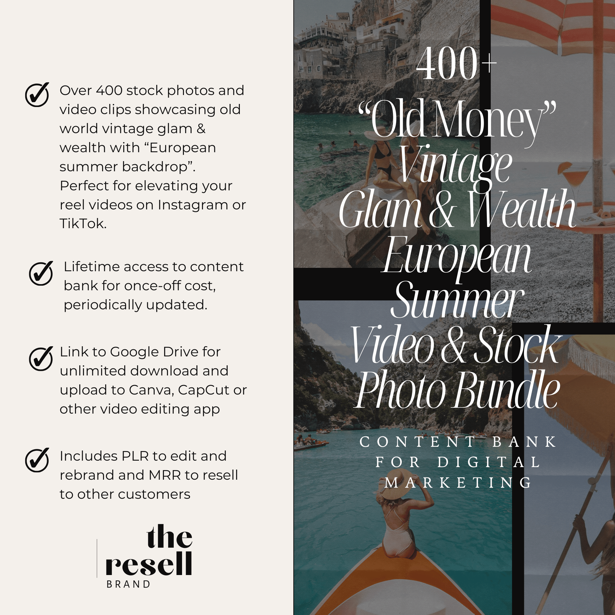 400+ "Old Money" Vintage Glam, Wealth and Luxury European Summer Instagram/TikTok Reel Videos Content Bank | MRR - theResellBrand